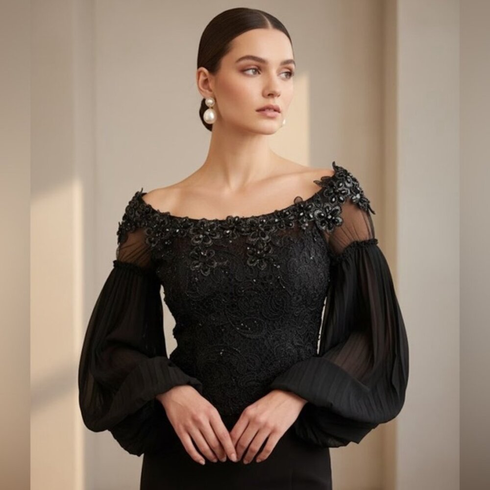 Elegant Black Lace Applique Top Blouse Corset with Balloon Sleeves Size Large